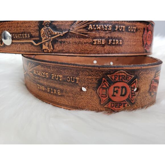 ADULT SMALL Vintage Firefighter Tooled Leather Belt Handmade - Picture 2 of 7